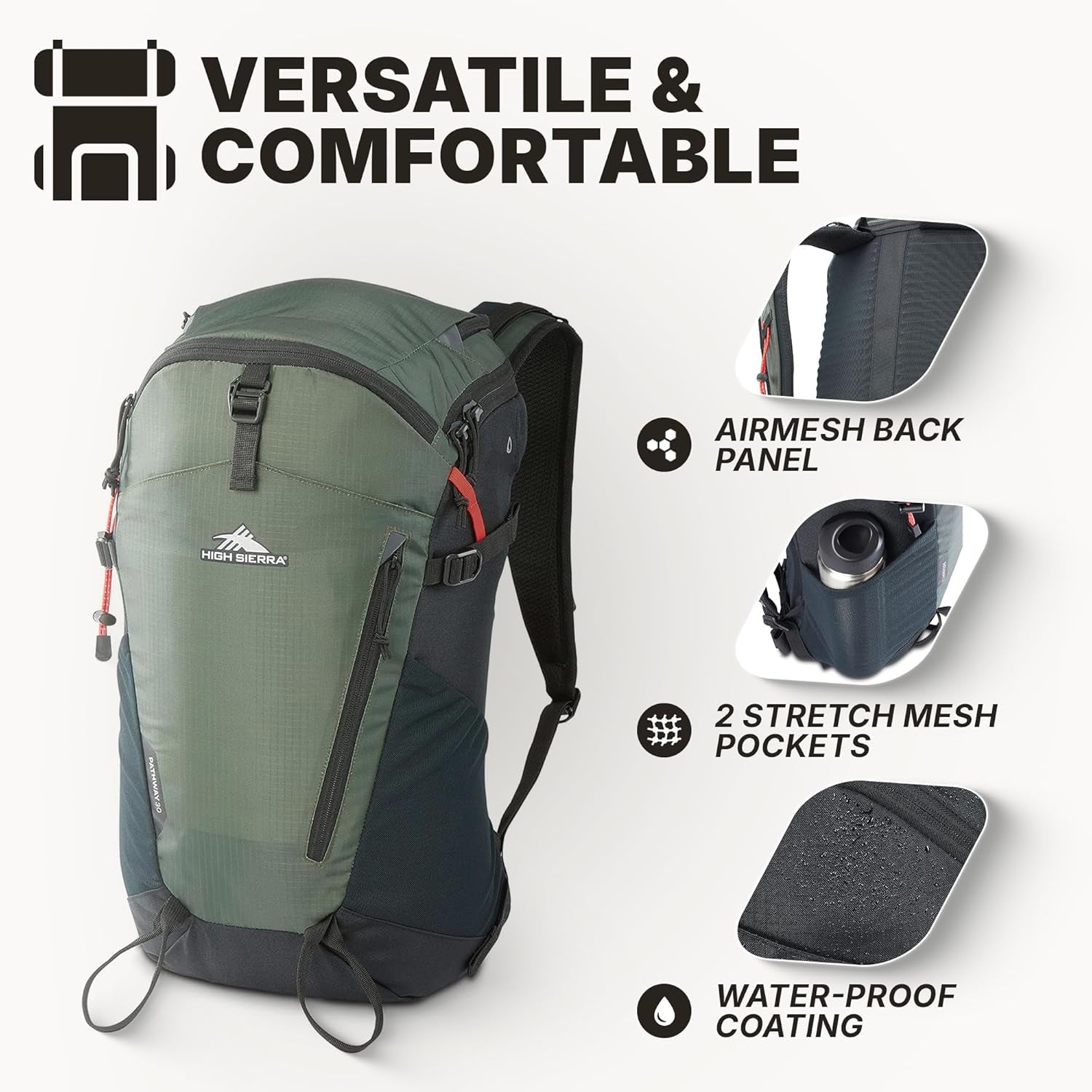 Pathway 2.0 Backpack with Hydration Storage Sleeve, for Hiking, Biking, Camping, Traveling, Forest Green/Black, 30L