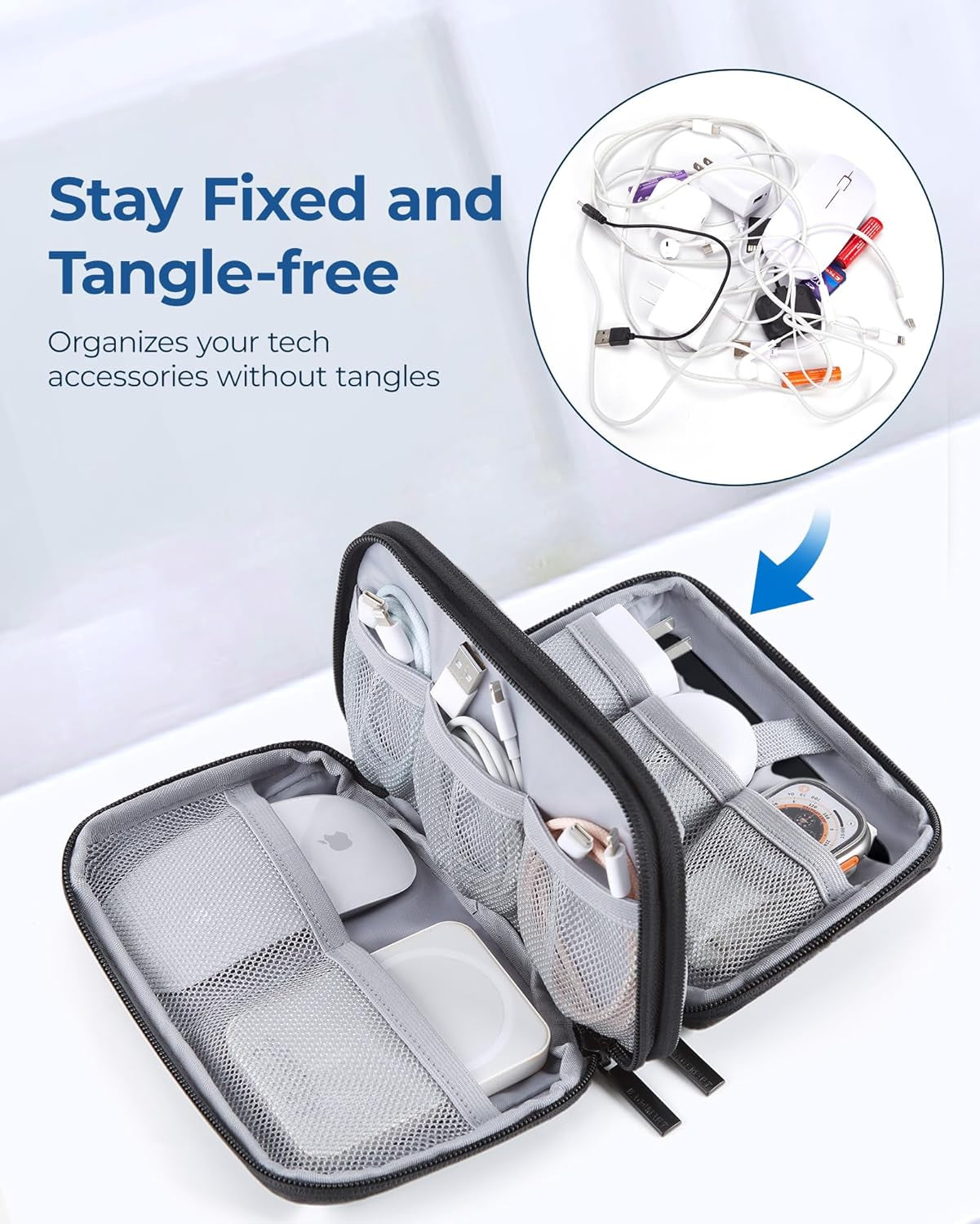 Electronics Organizer Travel Case, Cable Organiser Pouch, Travel Essentials, Tech Organiser, Travel Accessories Bag for Charging Cable, Flash Drive, Power Bank, USB, Black