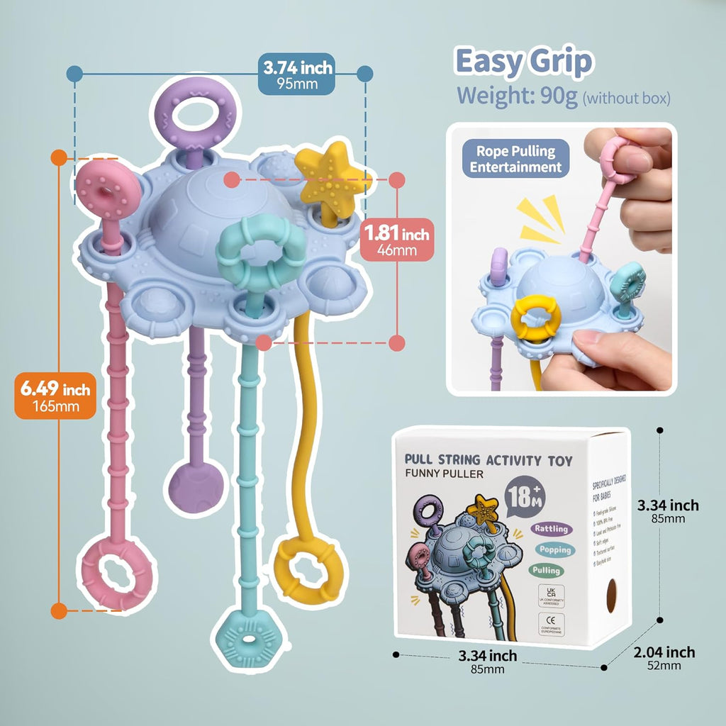 Montesorri-Toys - Pull String Toys for Baby - Made of 100% Food Grade Silicone with Built-In Rattle Function and Easy to Clean Design (Blue)