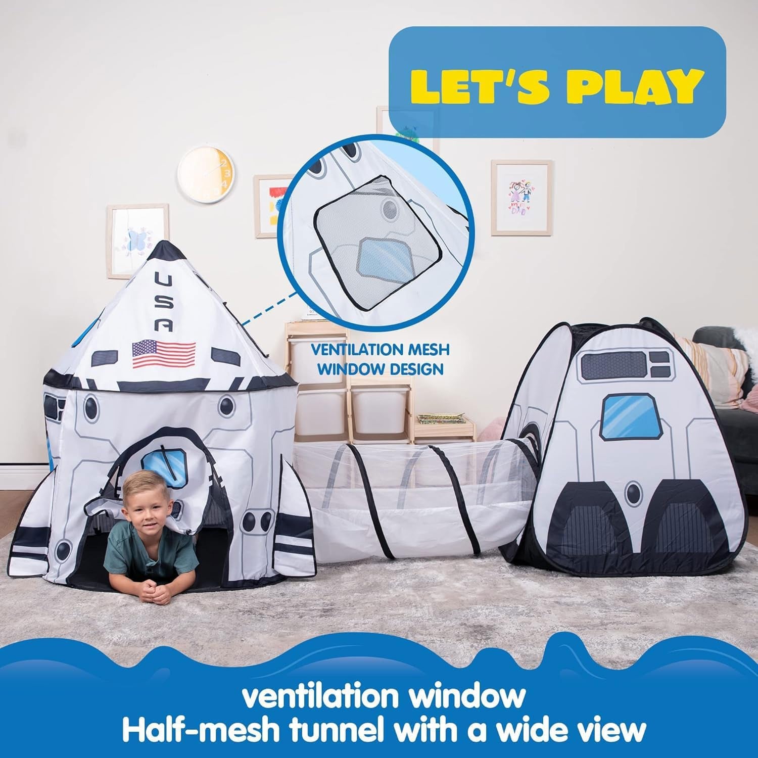 White Rocket Ship Pop up Play Tent with Tunnel and Playhouse Kids Indoor Outdoor Spaceship Tent Set