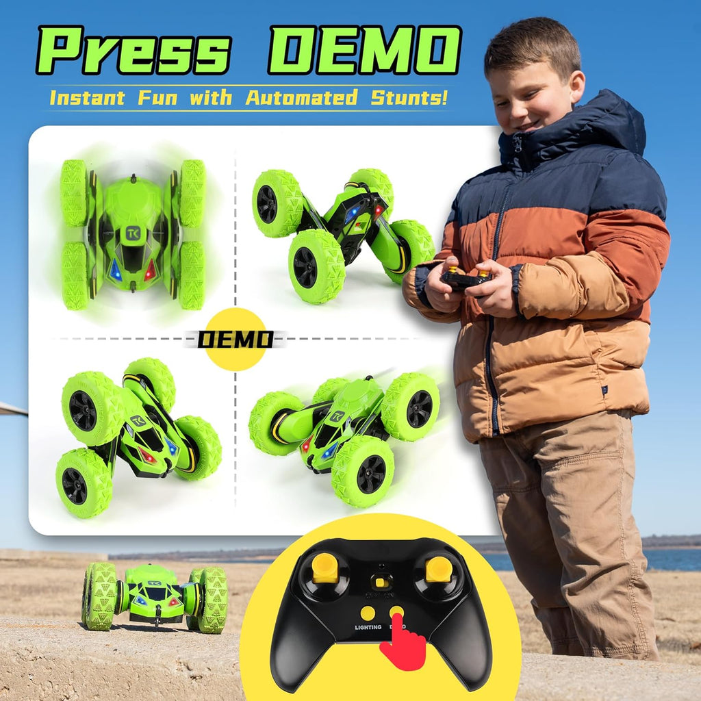 RC Stunt Cars Remote Control Car Double-Sided Driving 360-Degree Flips Rotating Car Toy, Green