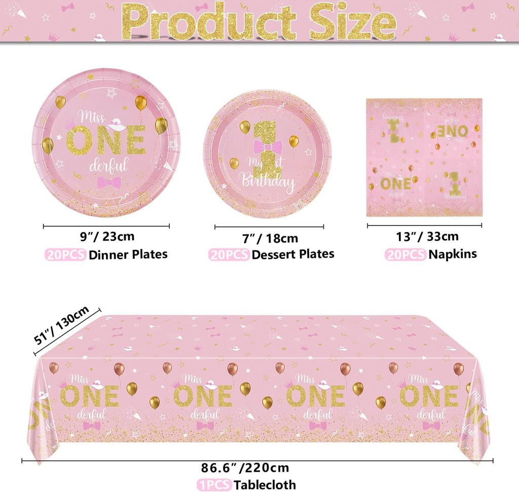Miss Onederful Birthday Decorations - Pink Gold Plates, Napkins, Tablecloth, First Tableware for Baby Shower 1St Girls Decorations, Serve 20 Guests, JY-26