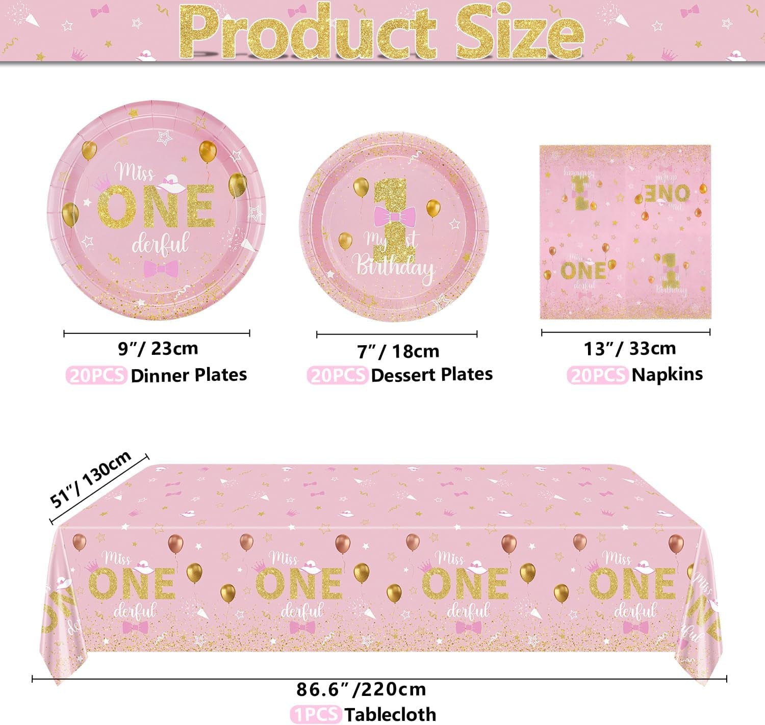 Miss Onederful Birthday Decorations - Pink Gold Plates, Napkins, Tablecloth, First Tableware for Baby Shower 1St Girls Decorations, Serve 20 Guests, JY-26
