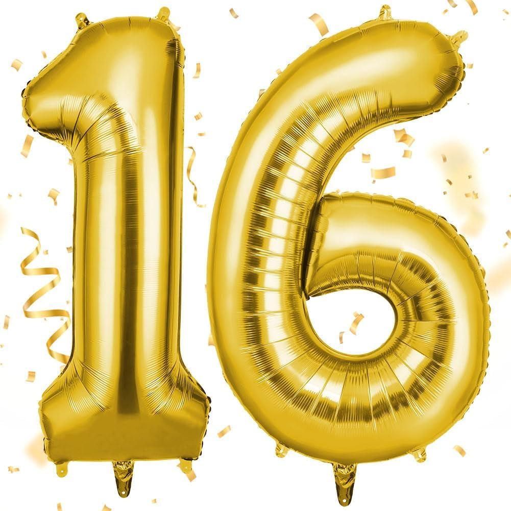 40-Inch Number 16 Helium Balloons, Foil Large Numbers for Birthday, Wedding Party Decorations Celebration Supplies (Gold)