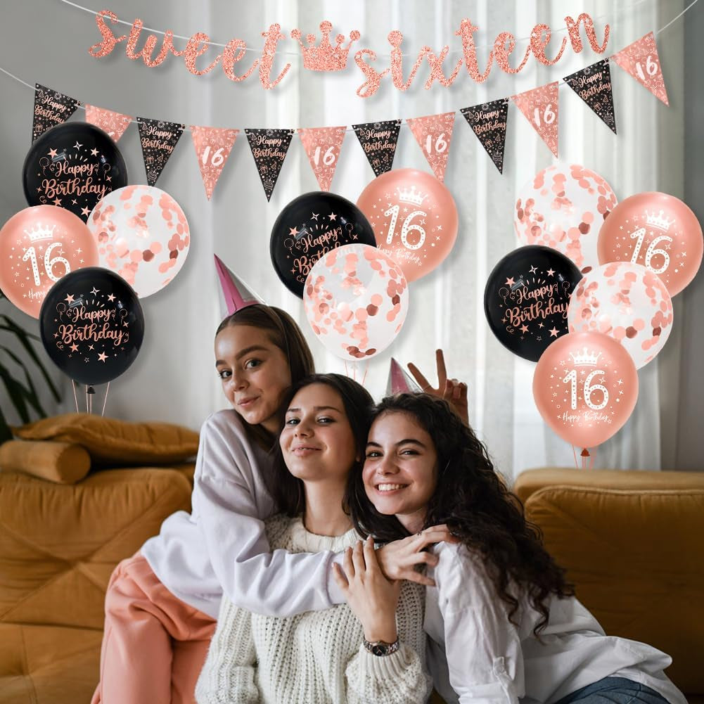 16Th Birthday Girls Decorations - Black Rose Gold Happy 16Th Banner & Bunting Kit