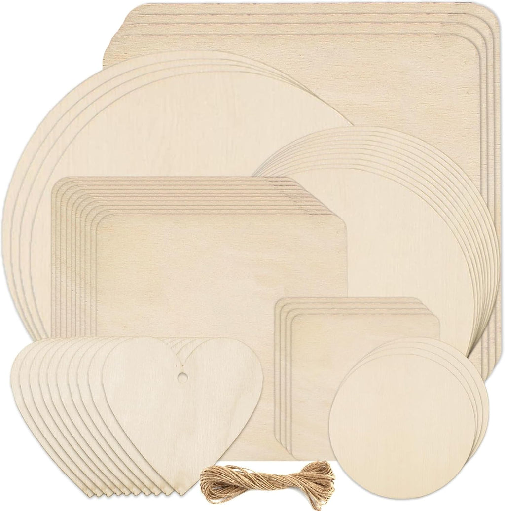 46Pcs Unfinished Blank Wood Slices - Pyrography Wood Blanks, 7Sizes Natural Wooden Pieces round Square Hearts with Predrilled Hole &5M Twine, Woodcraft Circles for Craft, DIY, Decor Painting, Coasters