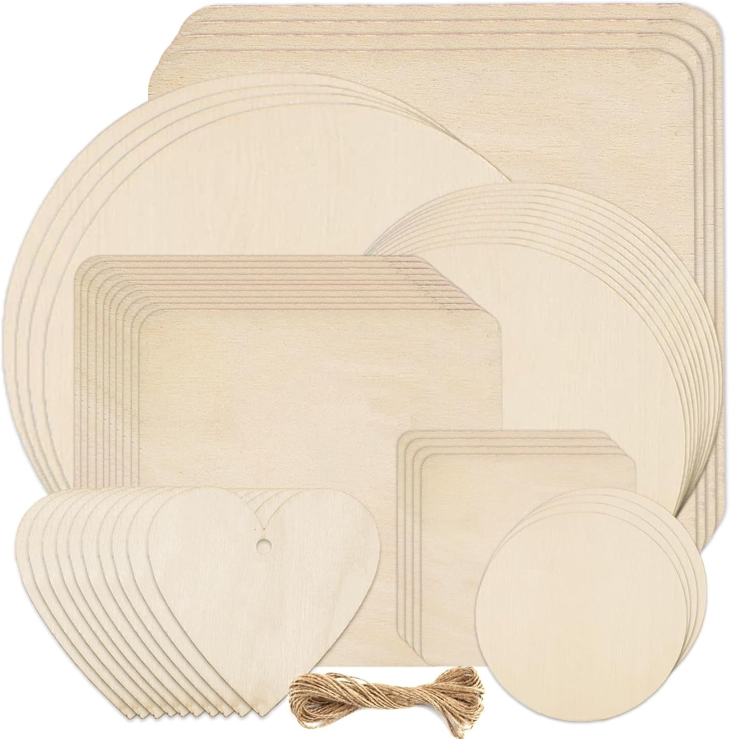 46Pcs Unfinished Blank Wood Slices - Pyrography Wood Blanks, 7Sizes Natural Wooden Pieces round Square Hearts with Predrilled Hole &5M Twine, Woodcraft Circles for Craft, DIY, Decor Painting, Coasters