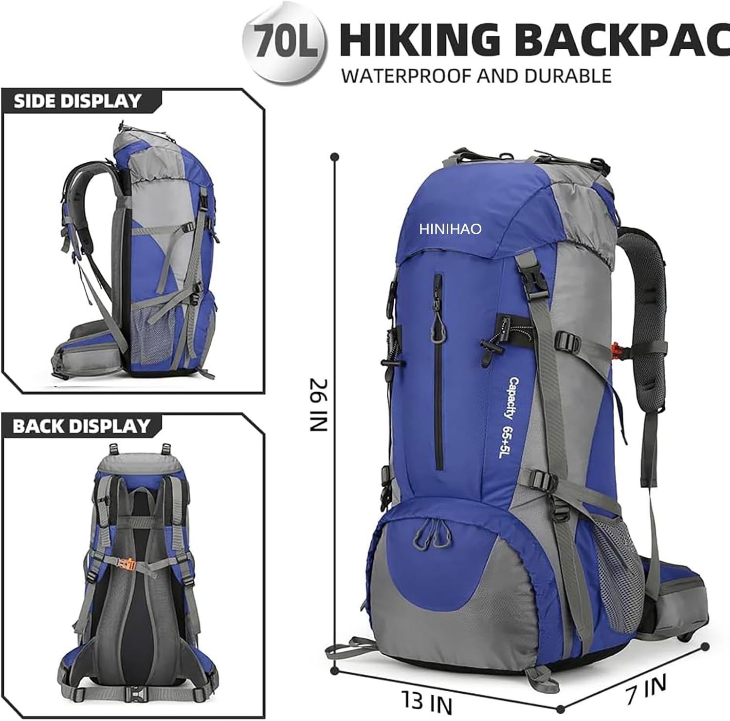70L Camping Hiking Backpack with Rain Cover Backpacking Backpack for Treeking Outdoor Travel Pack (70L Blue)