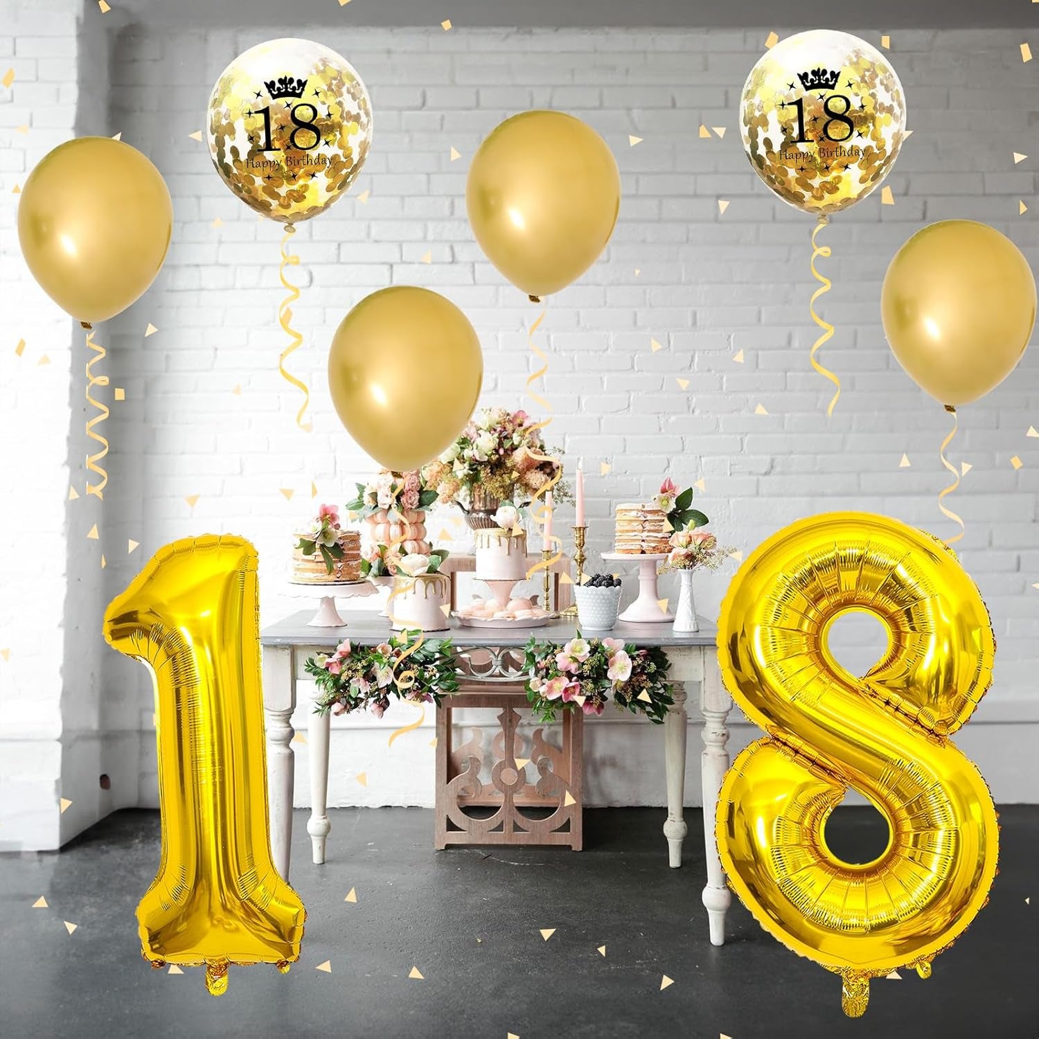 18Th Birthday Decorations for Girls, 18Th Birthday Balloons with 40 Inch Gold Foil Number 18 Balloon Gold Birthday Print Confetti Balloons Metallic Latex Balloons Set for Boys 18 Birthday Decorations