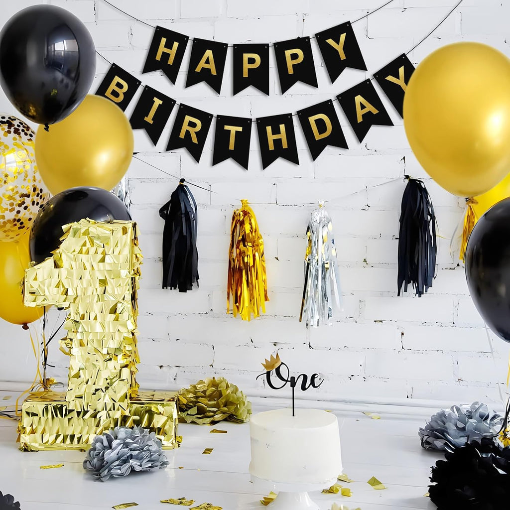 Black Gold Birthday Decoration, 12Inch Black Gold Happy Birthday Balloons with Happy Birthday Banner and Bunting Confetti Balloons, Black Party Decorations for Men Boys