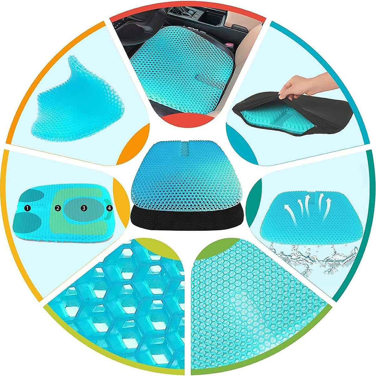 Gel Seat Cushion for Long Sitting, Gel Cushions for Pressure Sores Relief, 18.5X17.3X1.2 Inches Car Seat Cushion of Ventilative Cooling Gel, Seat Cushions for Office Chairs