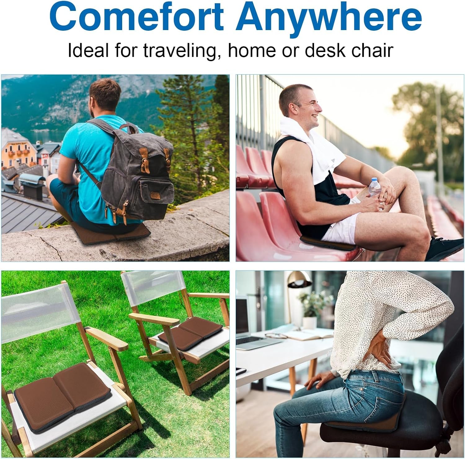 Gel Seat Cushion Portable Massage Travel Cushions, 16.5" X 12" Thick Foldable Seat Cushion for Car Office Chair Wheelchair Hip, Coccyx, Sciatica, Pressure Sores