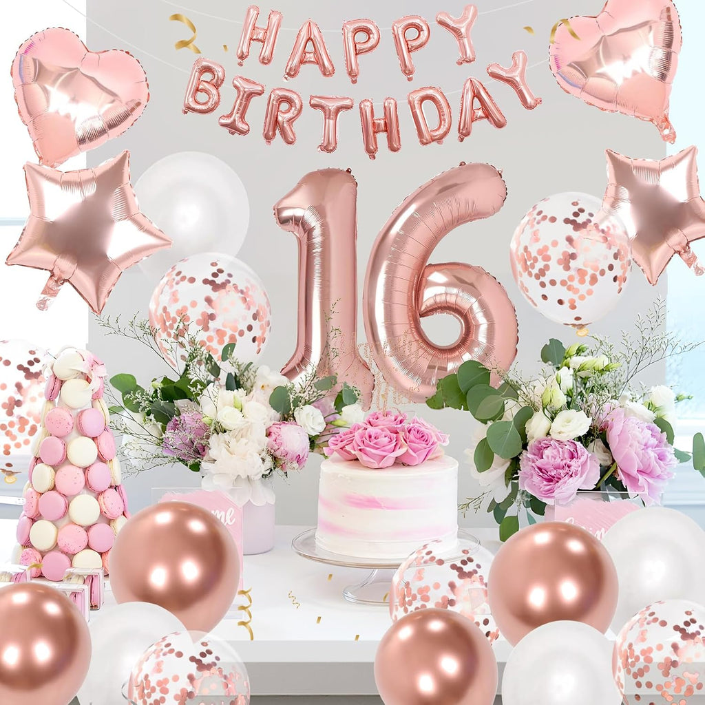 16Th Birthday Decorations for Girls, Rose Gold 16Th Birthday Decorations, Rose Gold 32 Inch Number 16 Foil Balloon with Banner, Star Confetti Balloon for 16 Party Deko