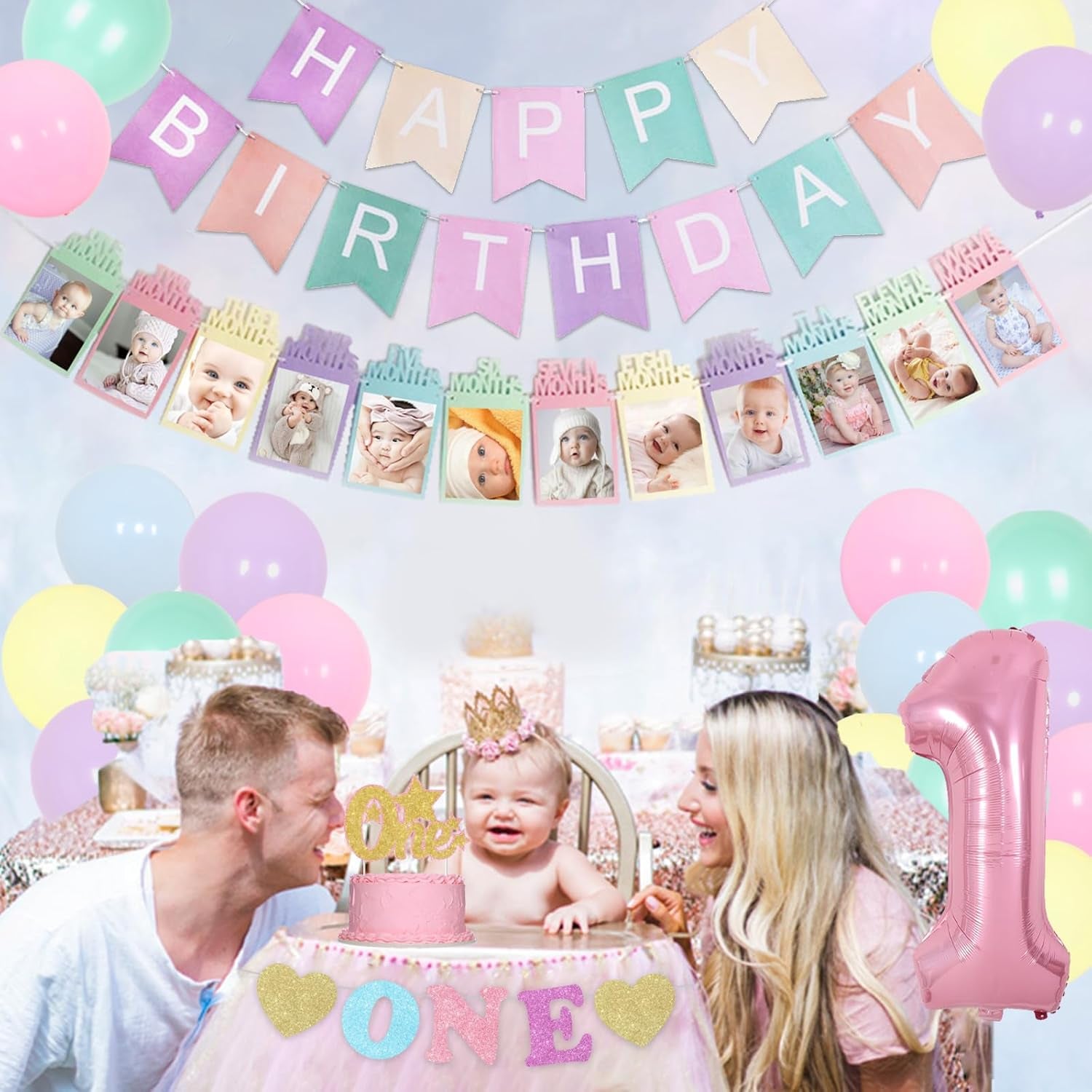 1St Birthday Decorations for Girls Pastel, Macaron Party Decorations Happy Birthday Banner High Chair and Photo Banner 1 Foil Balloon Cake Topper for First Rainbow Bday Party Supplies
