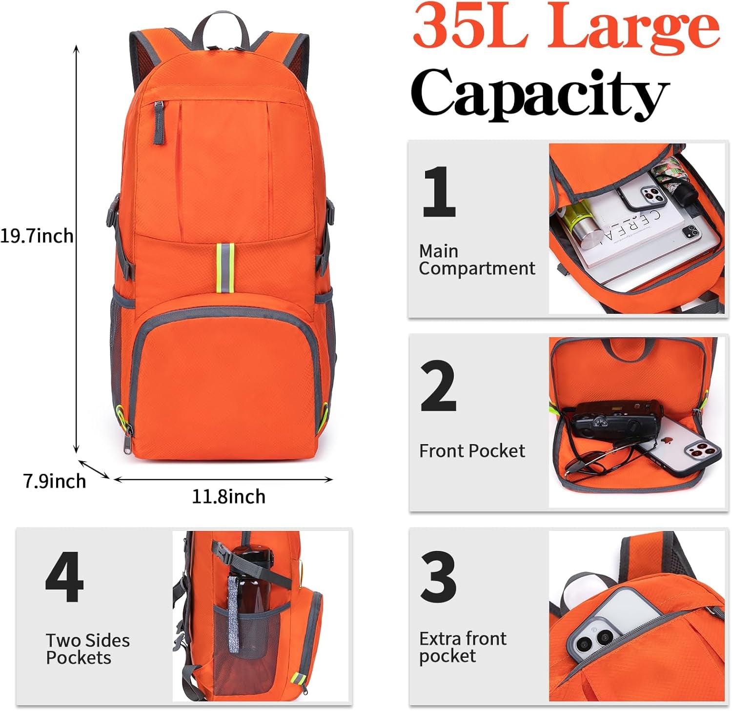 Hiking Backpack, 35L Camping Travel Backpack Packable Outdoor Sports Camping, Water Resistant Lightweight Travel Daypack for Men Women, Orange
