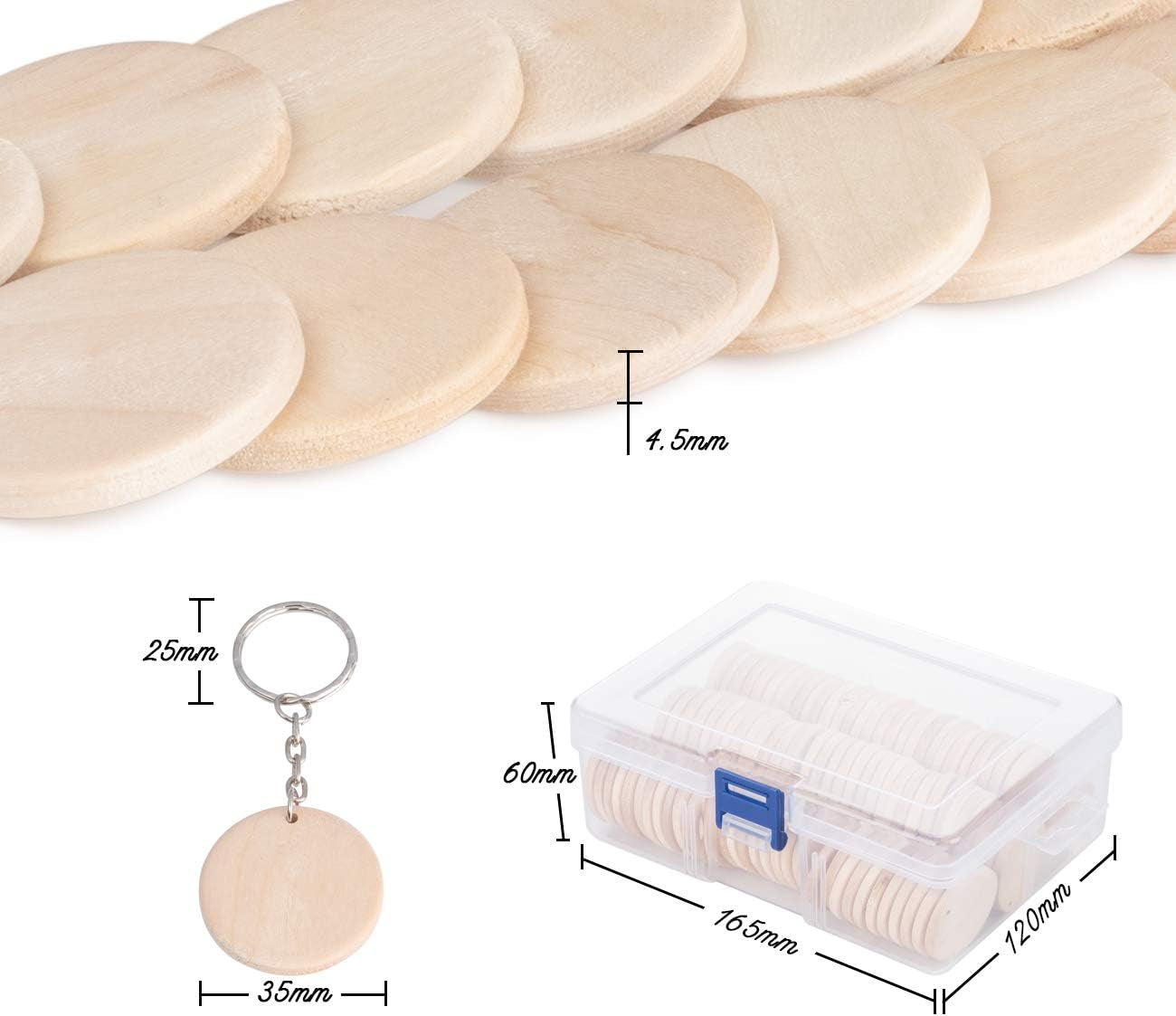 100 Pcs Natural Wood Slices, 3.5 Cm Unfinished Predrilled Log Discs Wooden Circles with 100 Pcs Key Rings for DIY Crafts Christmas Decorations Ornaments Wedding Decoration