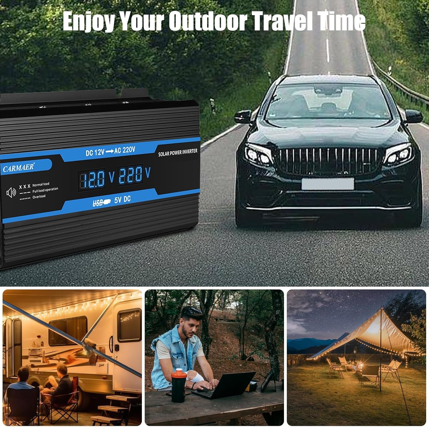 2200W Power Inverter, Power Inverter DC 12V to AC 240V, Car Inverter, with LCD Display, with USB Port, with Car Cigarette Lighter Adapter, Suitable for Cars/Outdoors/Travel/Home
