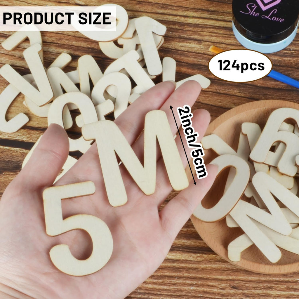 124Pcs Wooden Letters for Crafts 5Cm Unfinished 2 Inch Capital Wooden Alphabet Letters Numbers Small Wood Letter for Children'S Names DIY Painting Arts Kids Spelling Learning Wall Embellishment Decor
