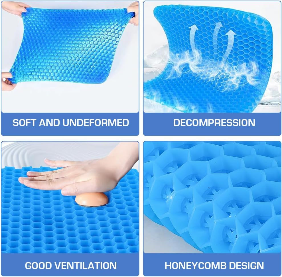 Gel Seat Cushion, Double Thicken Honeycomb Cushion with Ice Non-Slip Cover, Gel Cushion for Sitting with Relieving Back Coccyx Pain Pressure, Soft Sitter for Home Office Car (Square 40*35*2.4)