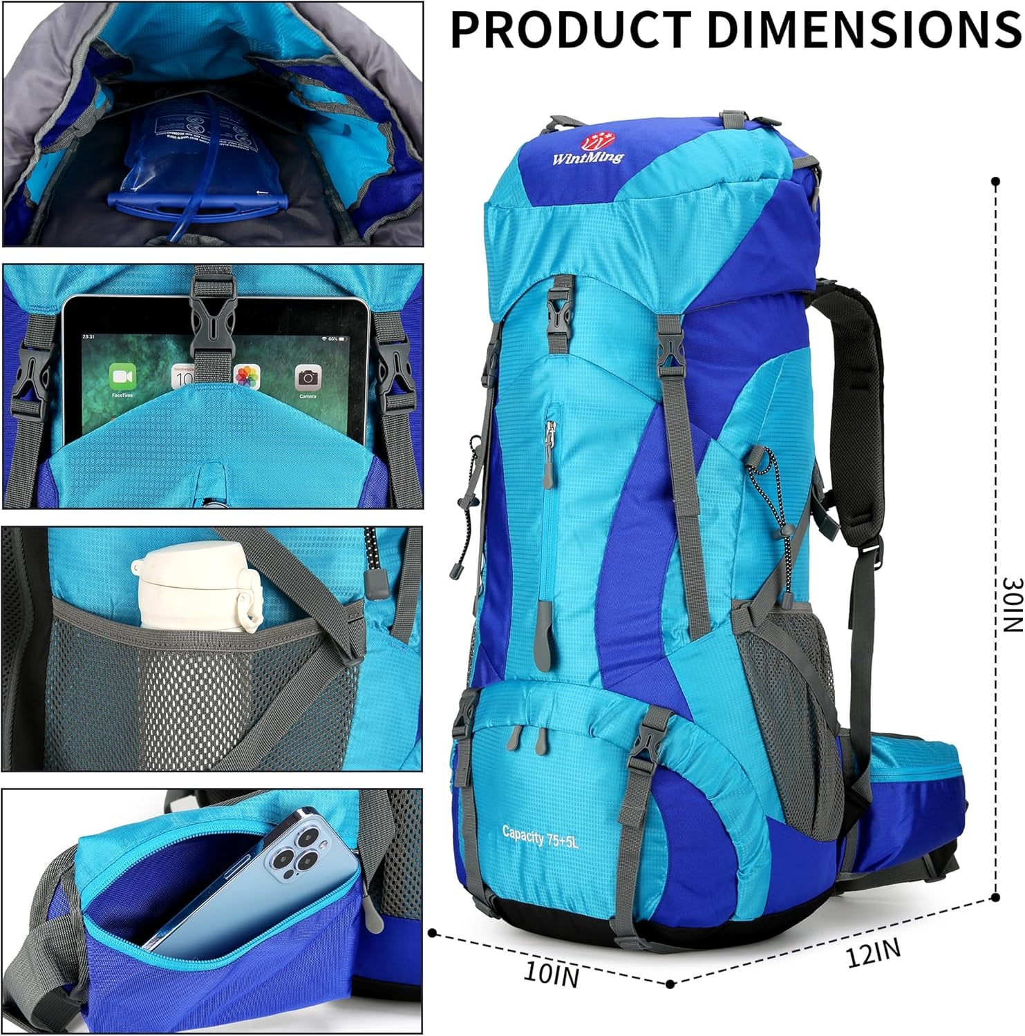 Hiking Backpack for Men and Women 70L+5L Waterproof Lightweight Camping Daypack with Rain Cover for Outdoor Travel Mountaineering - Frameless (Blue)