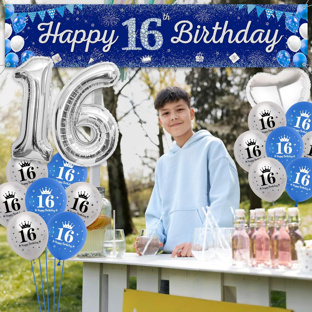 Boys 16Th Birthday Decorations Blue - 31 Pieces Blue Silver Party Decoration, Happy Birthday Banner, Number 16 Foil Balloons, Backdrop, Latex Balloon, Cake Topper for Kids Girl Anniversary Decor Gifts