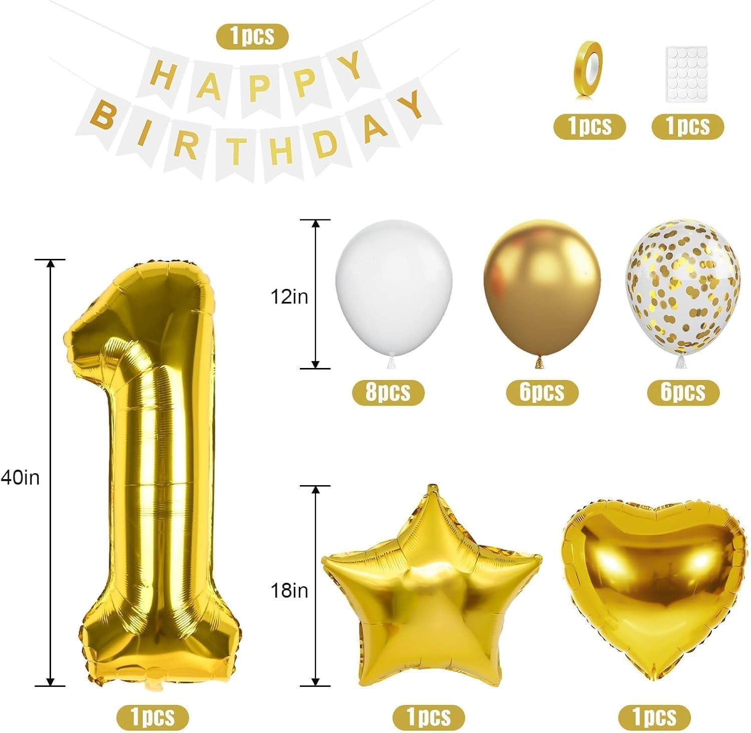 St Birthday Decoration for Boys, Gold White Confetti St Birthday Balloon with 40 Inch Number  Gold Balloon Star Heart Foil Balloons and Banner for Baby  Year Old Party Decor