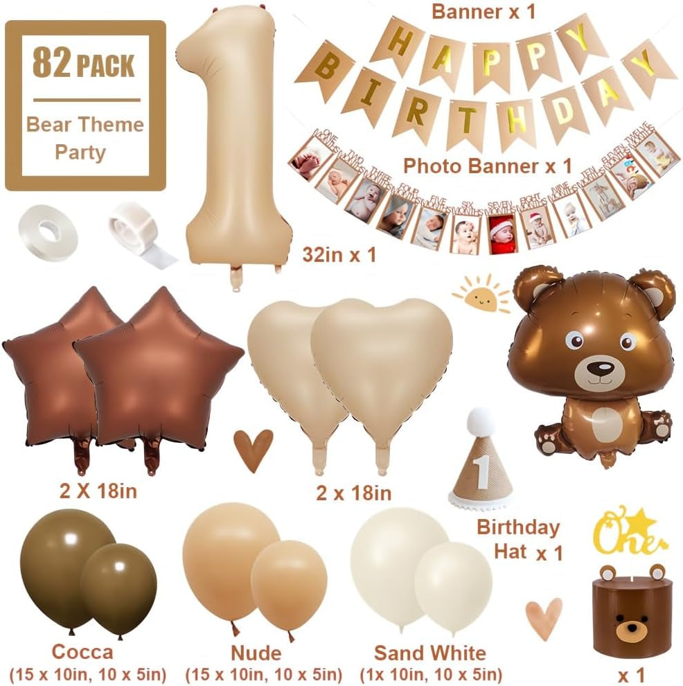 1St Birthday Decorations Boy, Boho First Birthday Decoration, Bear Theme Party Decoration with Giant Bear Foil Balloon, Burnt 1 Number Balloon, Beige Coffee Balloon for Baby Boys Girls First Birthday