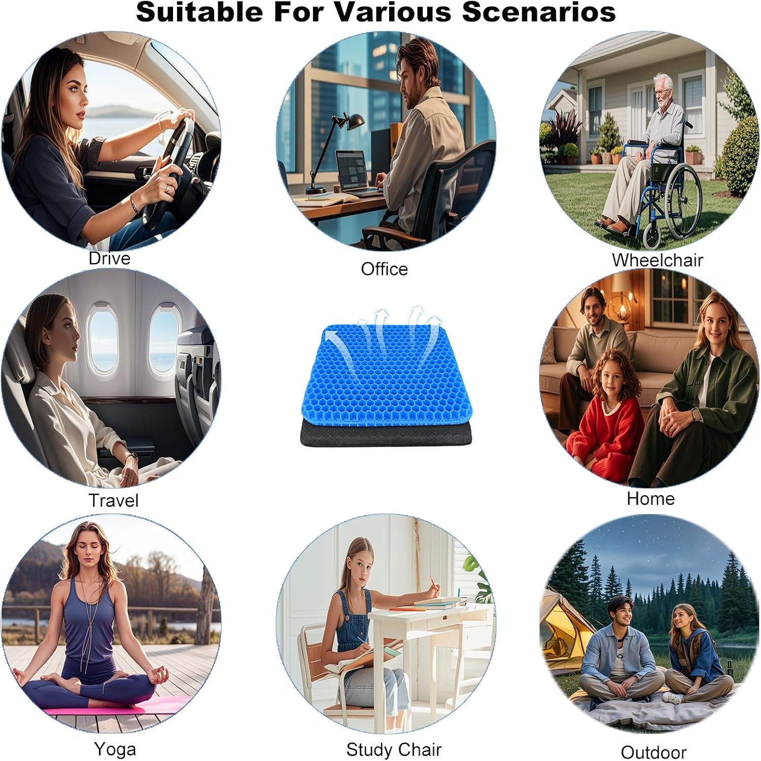 Soft Sitter Cushion,Honeycomb Double Thick Gel Seat Cushion with Anti-Slip Cushion Cover,Cooling Chair Cushion Egg Chair Cushion for Home Office Car, Wheelchair (47 X 44 Cm)