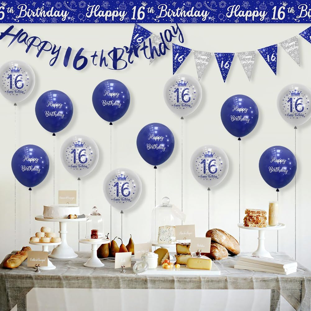Blue Silver 16Th Birthday Decorations for Boys - Navy Silver Happy 16Th Decorations by