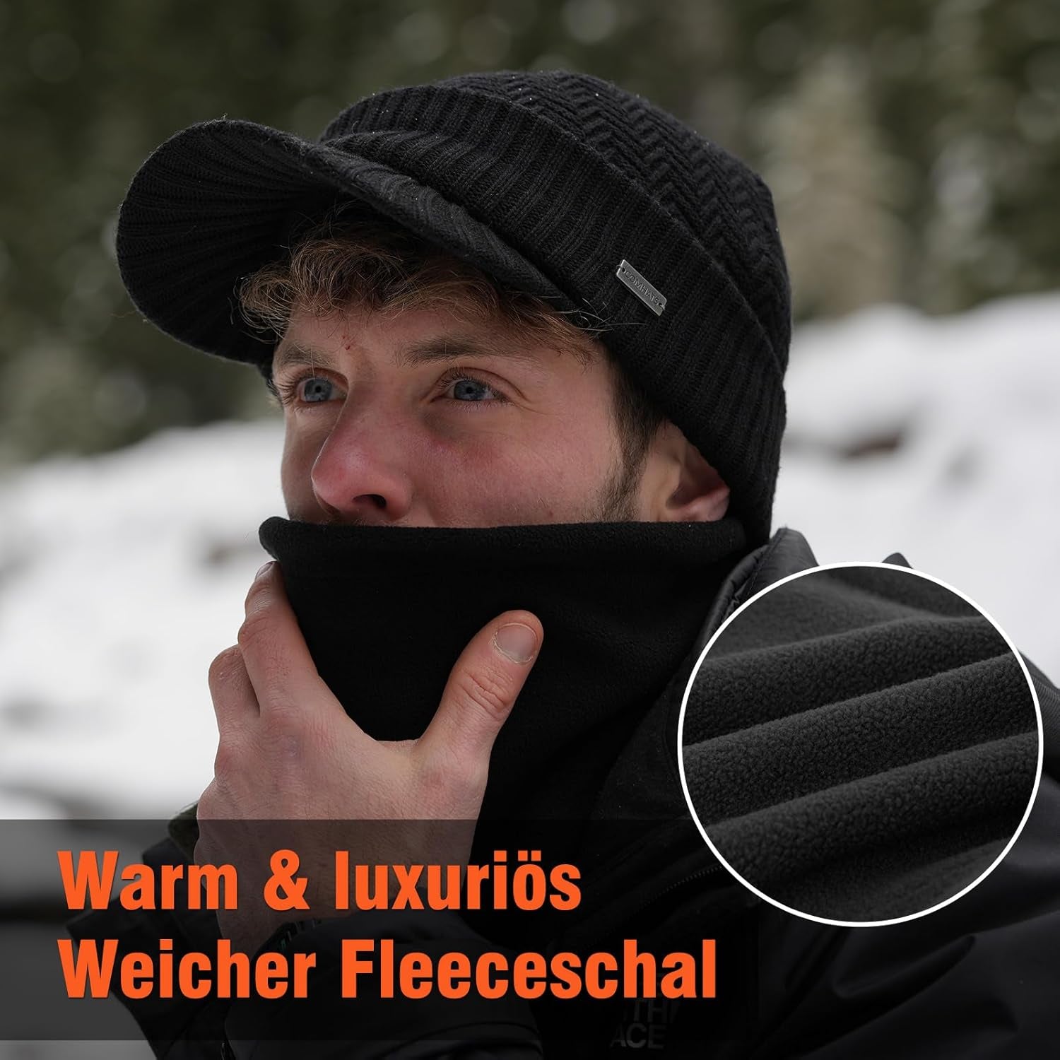 Men'S Winter Wool Peaked Beanie Hat and Ski Snood Set, Wool Visor Beanie Hat with Fleece Neck Warmer Set - Stay Warm and Stylish