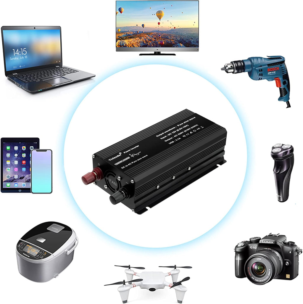 Pure Sine Wave 2000W Power Inverter DC 12V to 240V AC 1 UK Socket 2 USB Ports with LED Dispaly Cigarette Converter