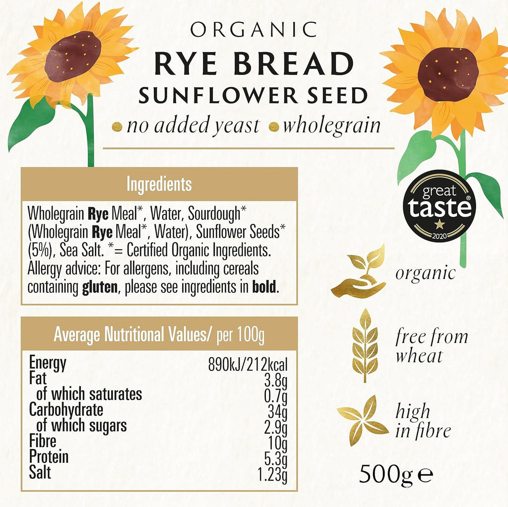 Rye Sunflower Seed Bread Organic 500G (Pack of 7)