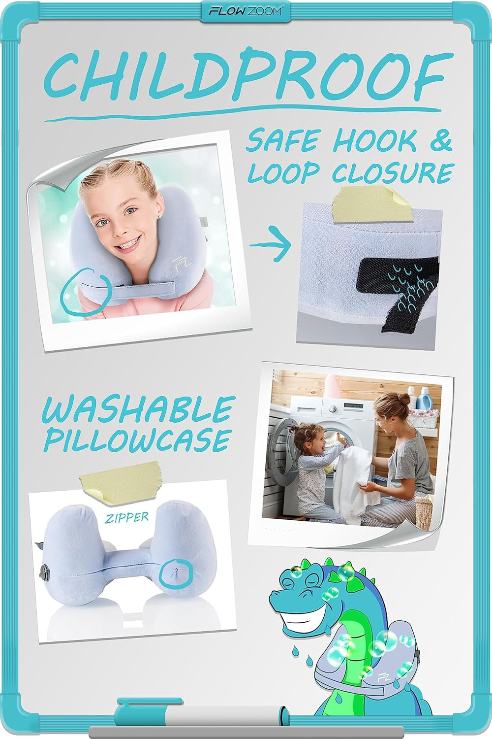 Air Inflatable Kids Travel Pillow for Airplane - H-Shape Car Pillow for Kids with 5 Sleeping Positions, Quick Inflation, Adjustable Pressure, Soft Plush Cover – Ages 3-12, Skyblue