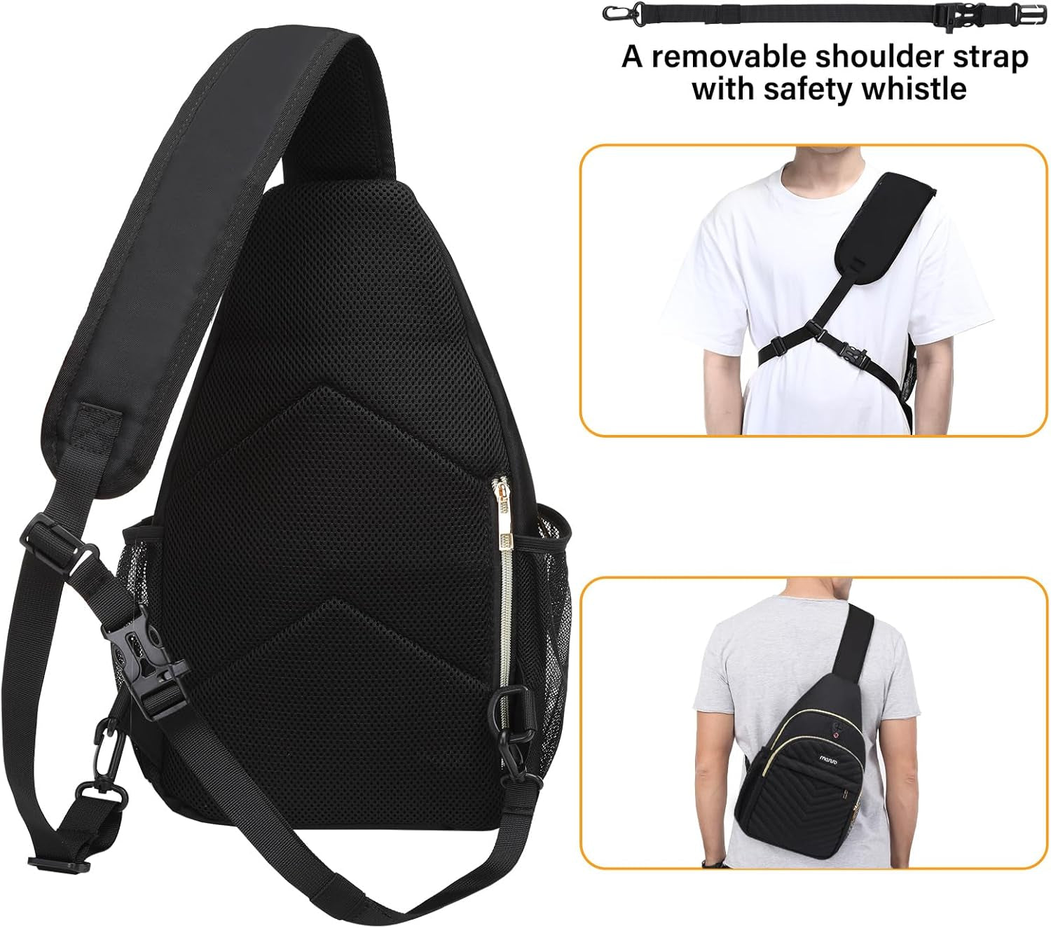 Sling Backpack Small Hiking Daypack, Quilted Crossbody Sling Bag with Removable Strap One Shoulder Chest Bag, Black