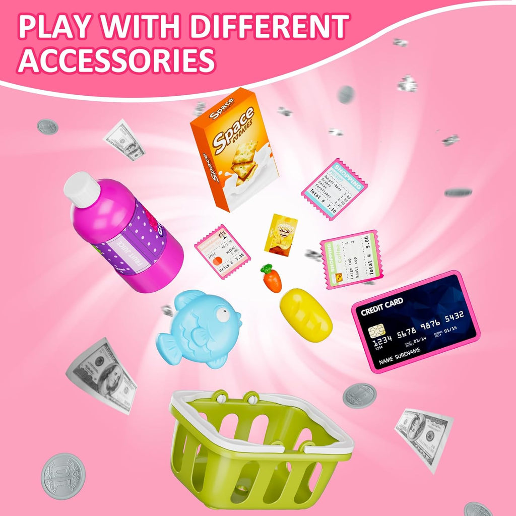 Kids Cash Register Toy Playset with Real Calculator, Toddler Pretend Play Store Incl Scanner/Credit Card/Play Money/Conveyor/Food Toys, Learning Toys Gifts for Girls Ages 4-8 8-12, Pink