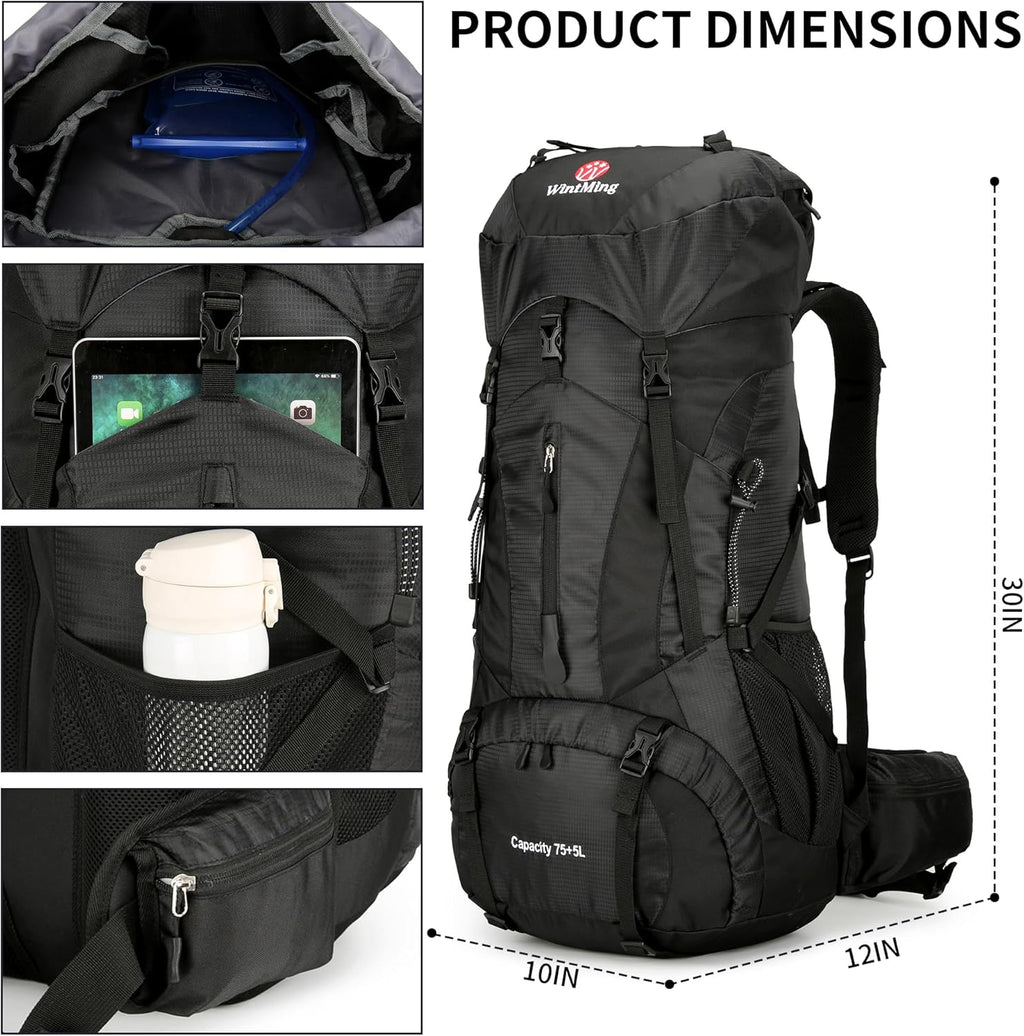 Hiking Backpack for Men and Women 70L+5L Waterproof Lightweight Camping Daypack with Rain Cover - Frameless (Black-B)
