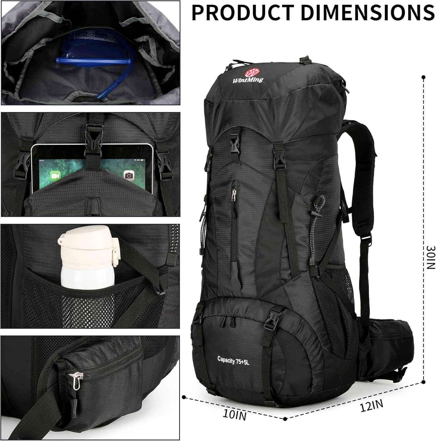 Hiking Backpack for Men and Women 70L+5L Waterproof Lightweight Camping Daypack with Rain Cover - Frameless (Black-B)