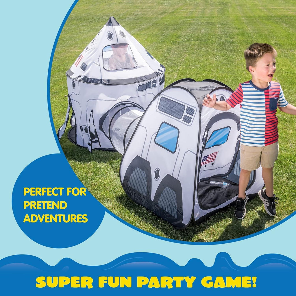 White Rocket Ship Pop up Play Tent with Tunnel and Playhouse Kids Indoor Outdoor Spaceship Tent Set
