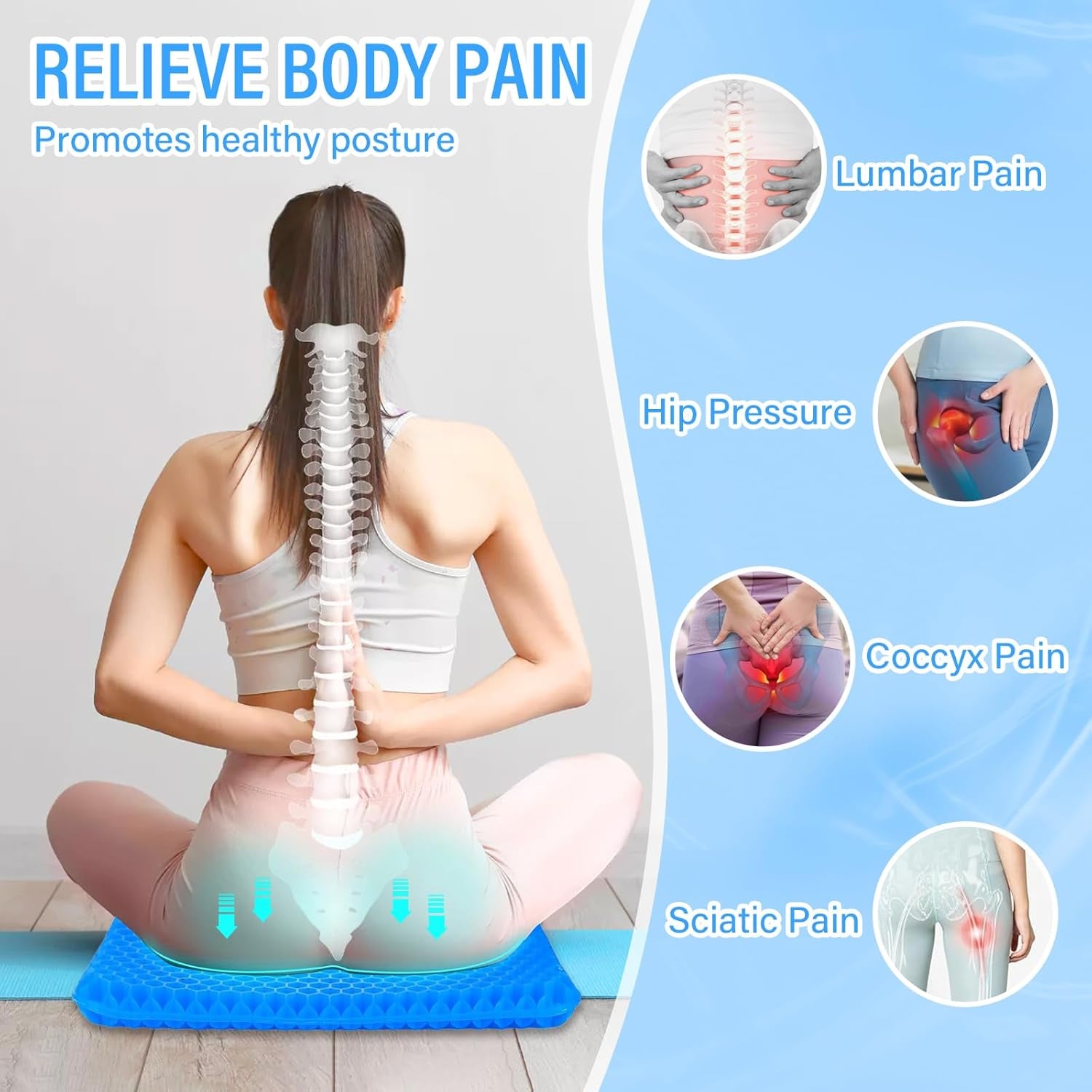 Large Gel Seat Cushion,Double Thick Soft Sitter Cushion,Honeycomb Design Seat Cushion with Relieving Back Coccyx Pain Pressure,Gel Orthopaedic Ergonomic Cushions for Car Office Home Wheelchair&Chair