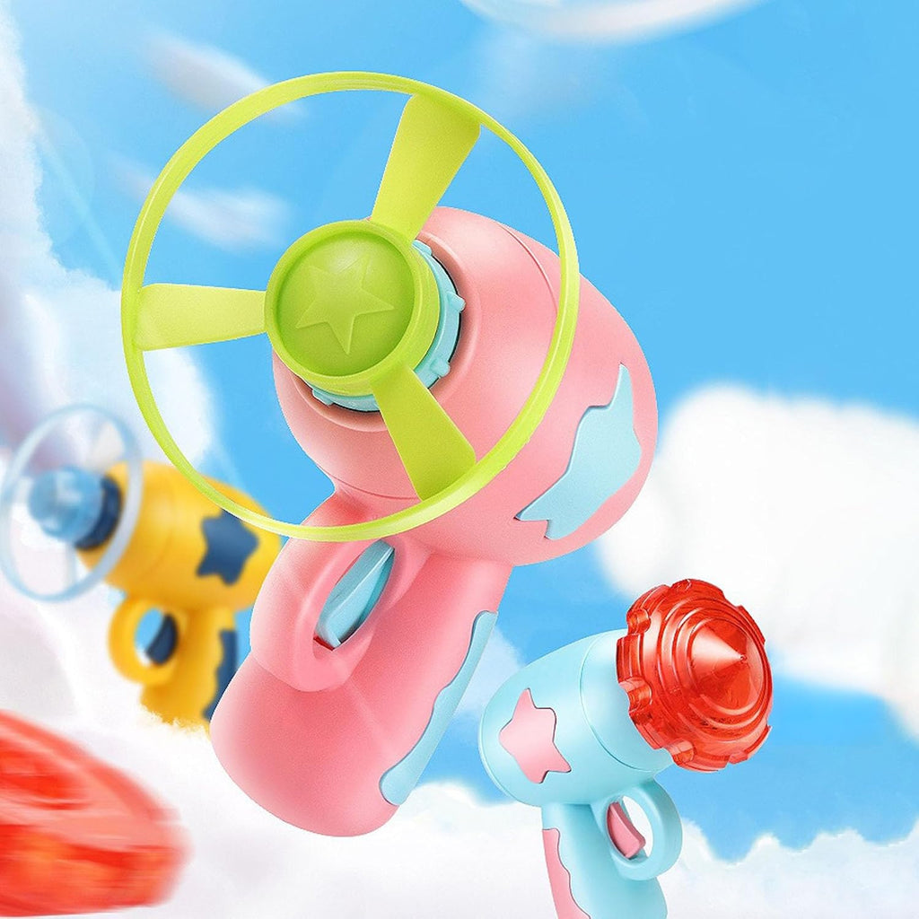 Flying Disc Launcher Toy,Fun and Easy-To-Use Outdoor Toys outside Yard Games Kids 3-8,1 Flying Saucer & 6 Discs and Gyroscope(2 Glow in the Dark)，Launch up to 32 Ft (Pink)