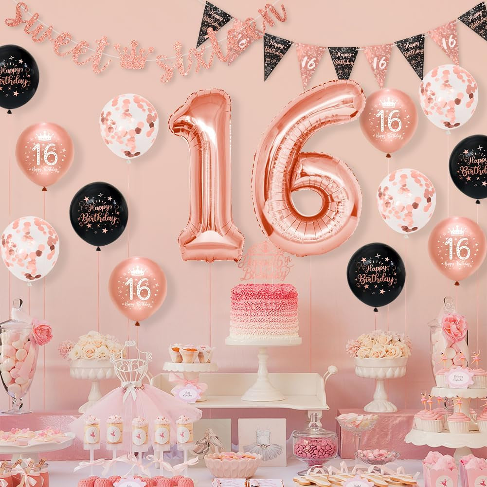 Girls 16Th Birthday Decorations Black Rose Gold Sweet Sixteen Birthday Decorations 16 Pack Girls by