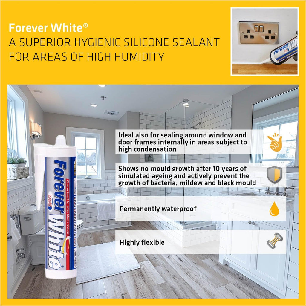 Forever White Anti-Mould Silicone Sealant – Permanently Waterproof – Suitable for Internal and External Use – White – 295Ml