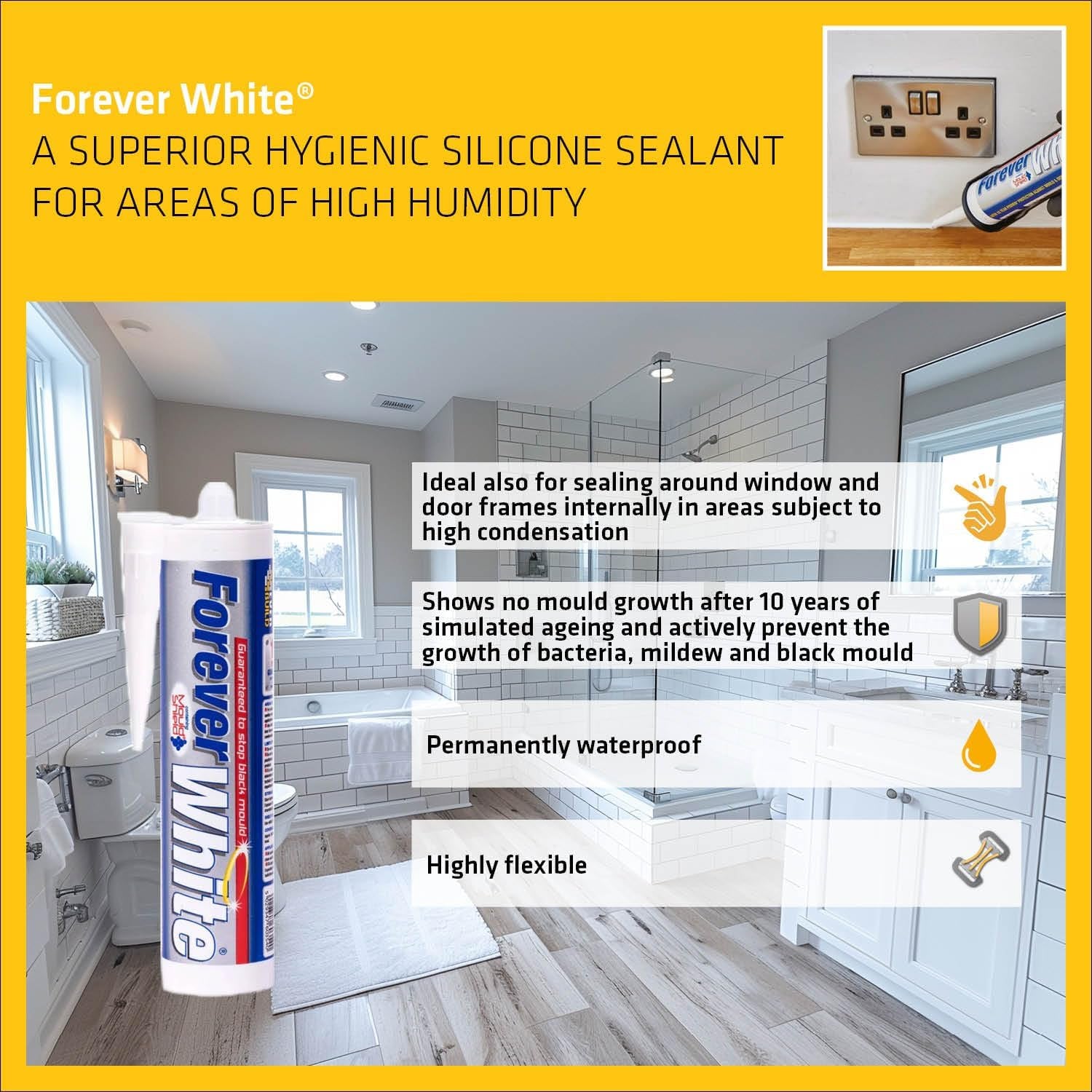Forever White Anti-Mould Silicone Sealant – Permanently Waterproof – Suitable for Internal and External Use – White – 295Ml