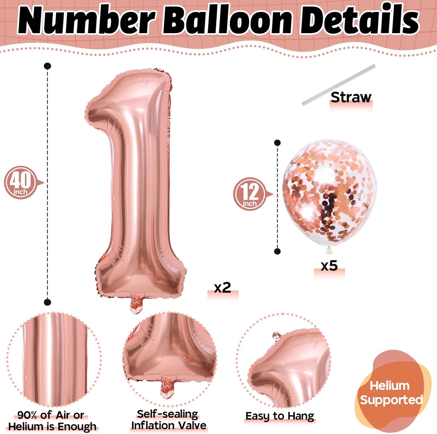16Th Birthday Balloons for Girls, 40 Inch Foil Self Inflating Number 16 Balloons with Rose Gold Confetti Balloons, Large Balloons for Women 61St Birthday Party Decor Anniversary Decorations Supplies
