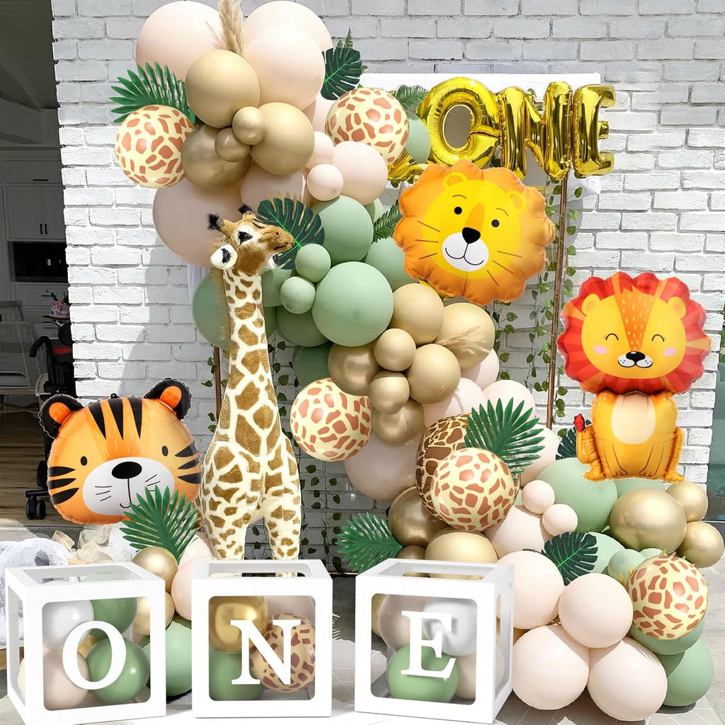 Safari 1St Birthday Decorations for Boys Girls, Wild One Birthday Decorations with Sage Green Balloon Arch Kit Balloon Boxes, Animal Jungle Theme First for Kids (Green)