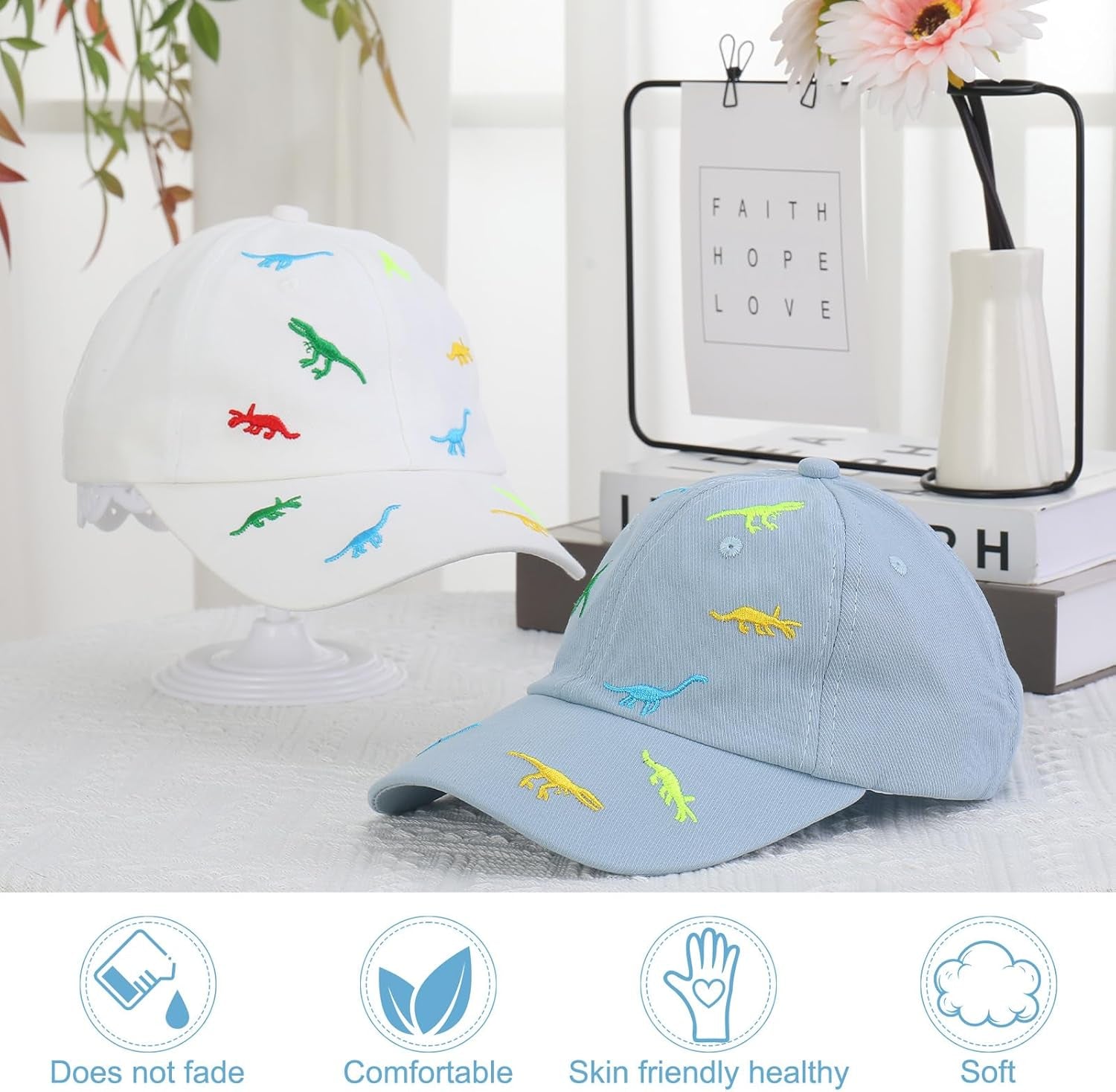 2Pcs Kids Summer Baseball Cap, Dino Baseball Cap, Sun Hat for Boys, Golf Baseball Sports Cap, for 2-5 Years Boy Girl Baby White, Blue