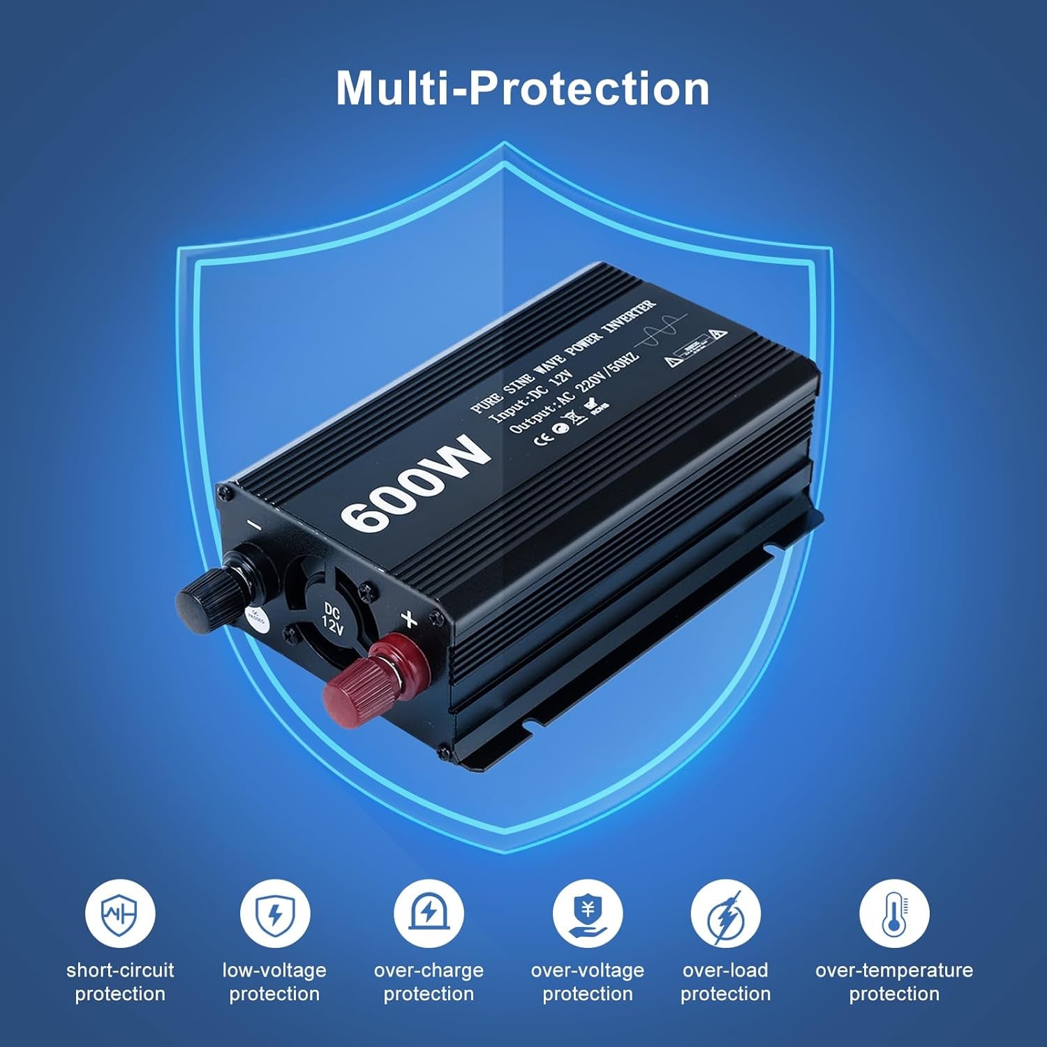 Aluminum Alloy 600W Pure Sine Wave Power Inverter - DC 12V to AC 230V Car Converter with 2 USB Ports and Cigarette Adapter