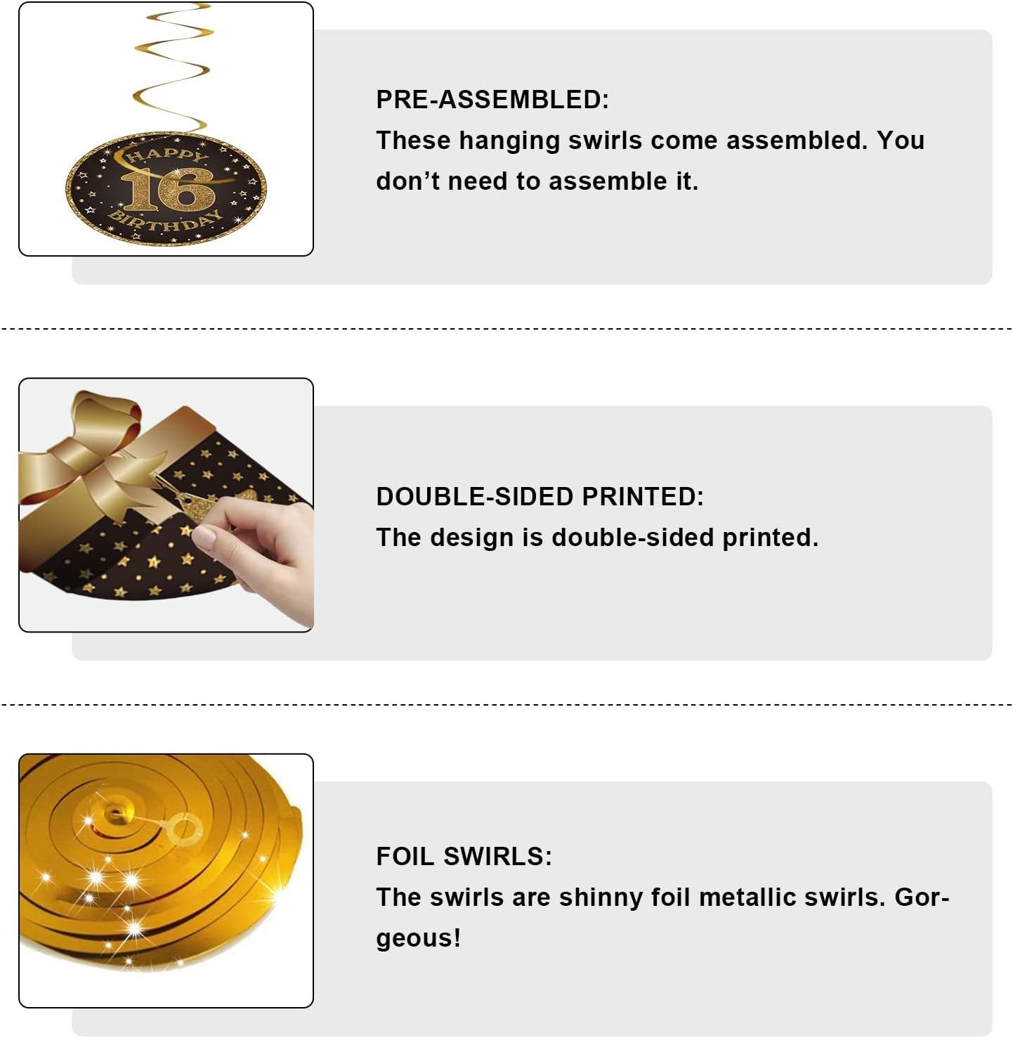 Happy 16Th Birthday Hanging Swirls Streams Ceiling Decorations, Celebration 16 Foil Hanging Swirls with Cutouts for Sweet 16 Years Old Black and Gold Birthday Party Decorations Supplies