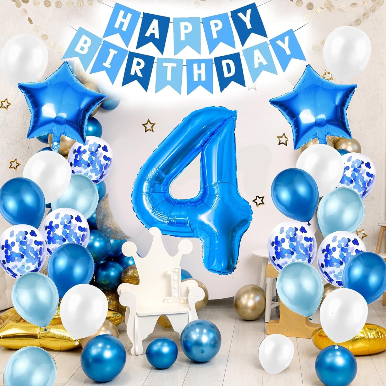4Th Birthday Decorations for Boys, Number 4 Balloon, Blue Silver Party Decorations, Happy Birthday Bunting Banner, 32Inch Foil Number 4 Balloons Set