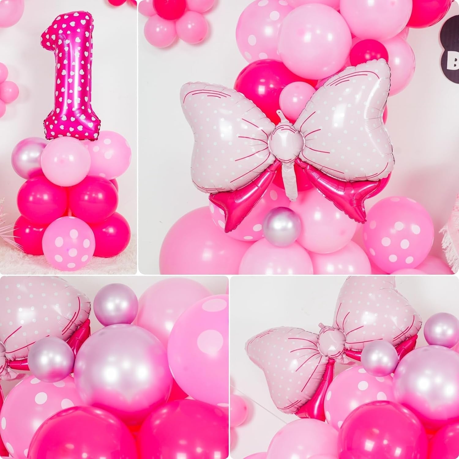 Pink Mouse 1St Birthday Balloons Decorations, Hot Pink Rose Polka Dots Balloons Arch Kit, Huge Bow Foil Balloons, Pink Number 1 Balloon Tower for Baby Shower Girls Princess Mouse 1St Theme Party